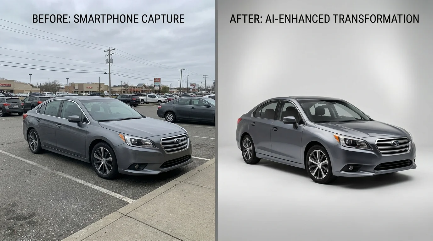 Before-and-after comparison of a car photo transformed from a lot snapshot into a professional studio-style image