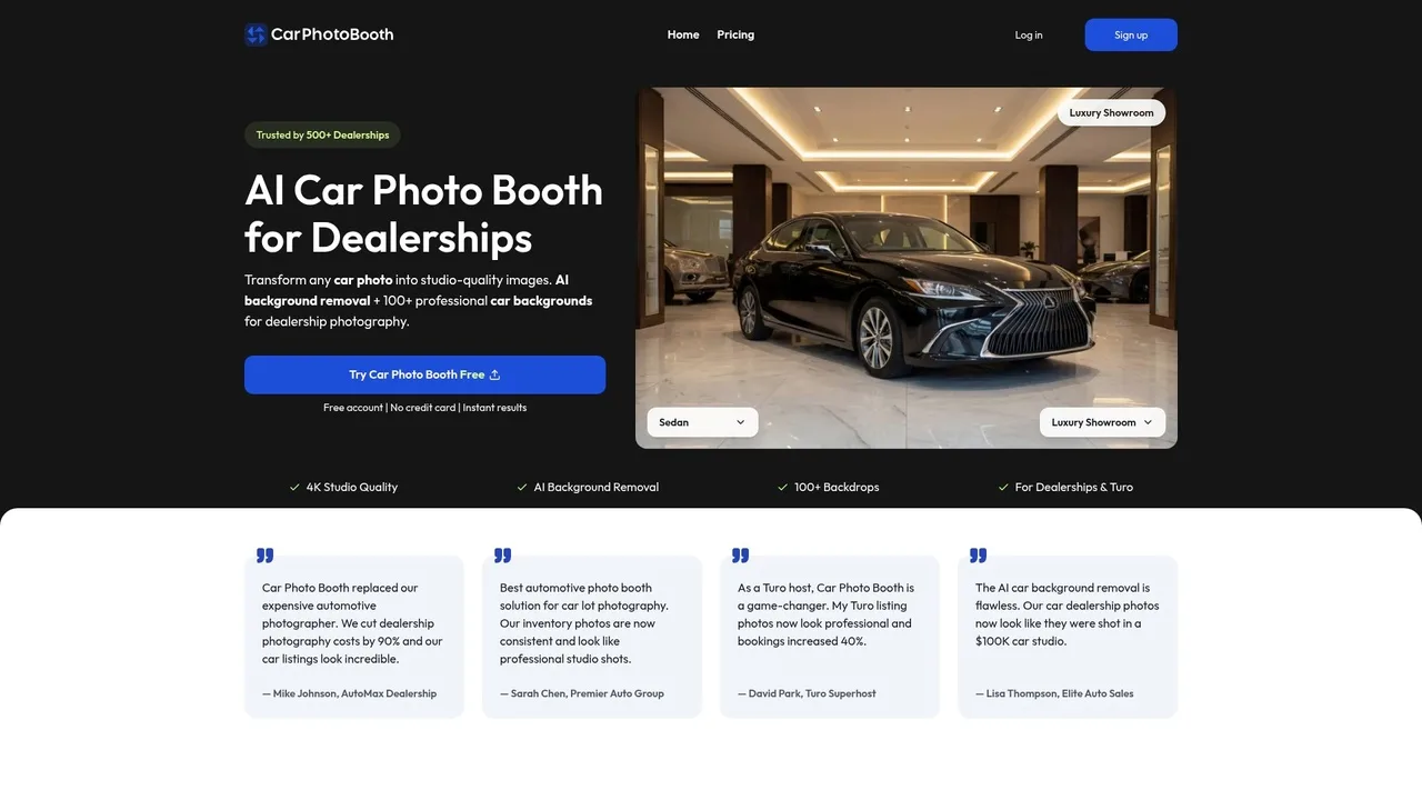 Car Photo Booth homepage showcasing AI car background replacement features
