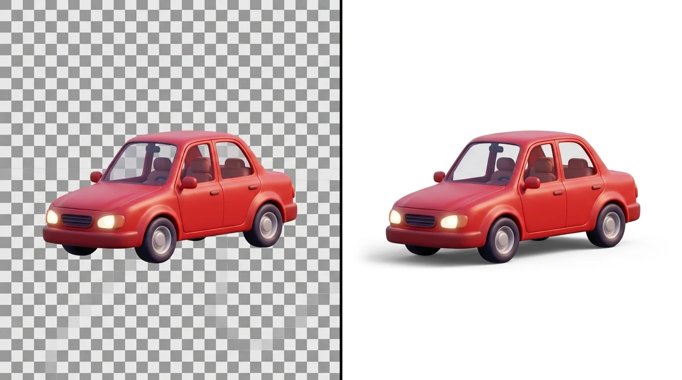 Comparison of transparent PNG format with checkerboard pattern versus solid JPEG background for car images