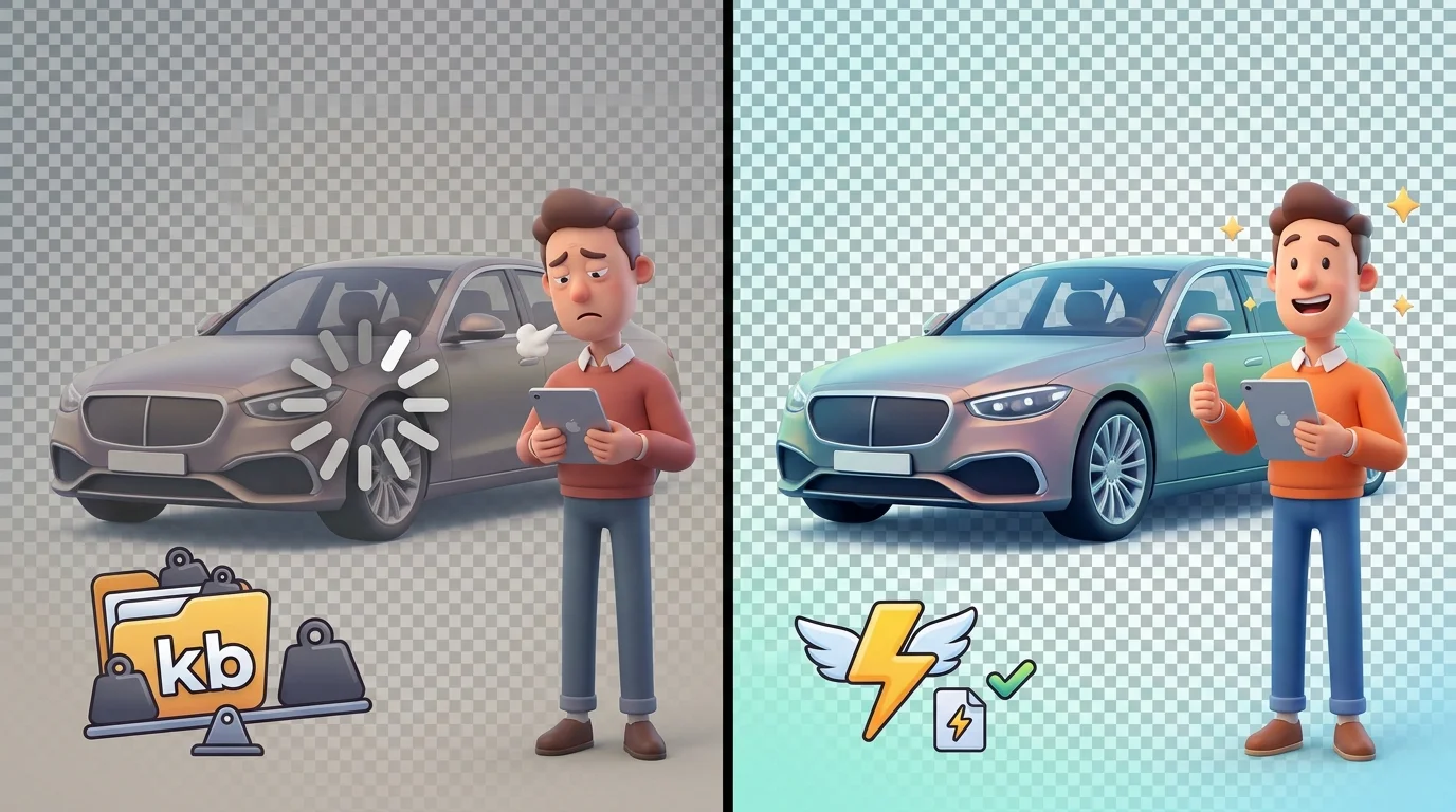 Visual comparison of unoptimized versus optimized transparent car images for web performance
