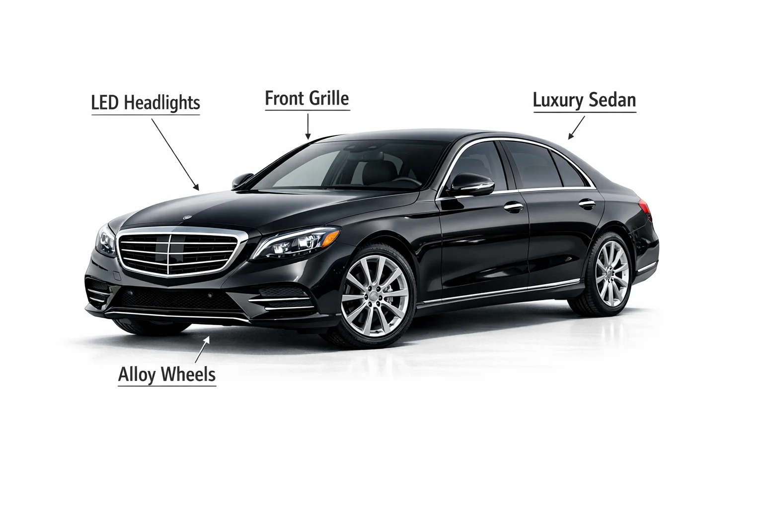 Professional luxury sedan with transparent background, studio-lit against white void