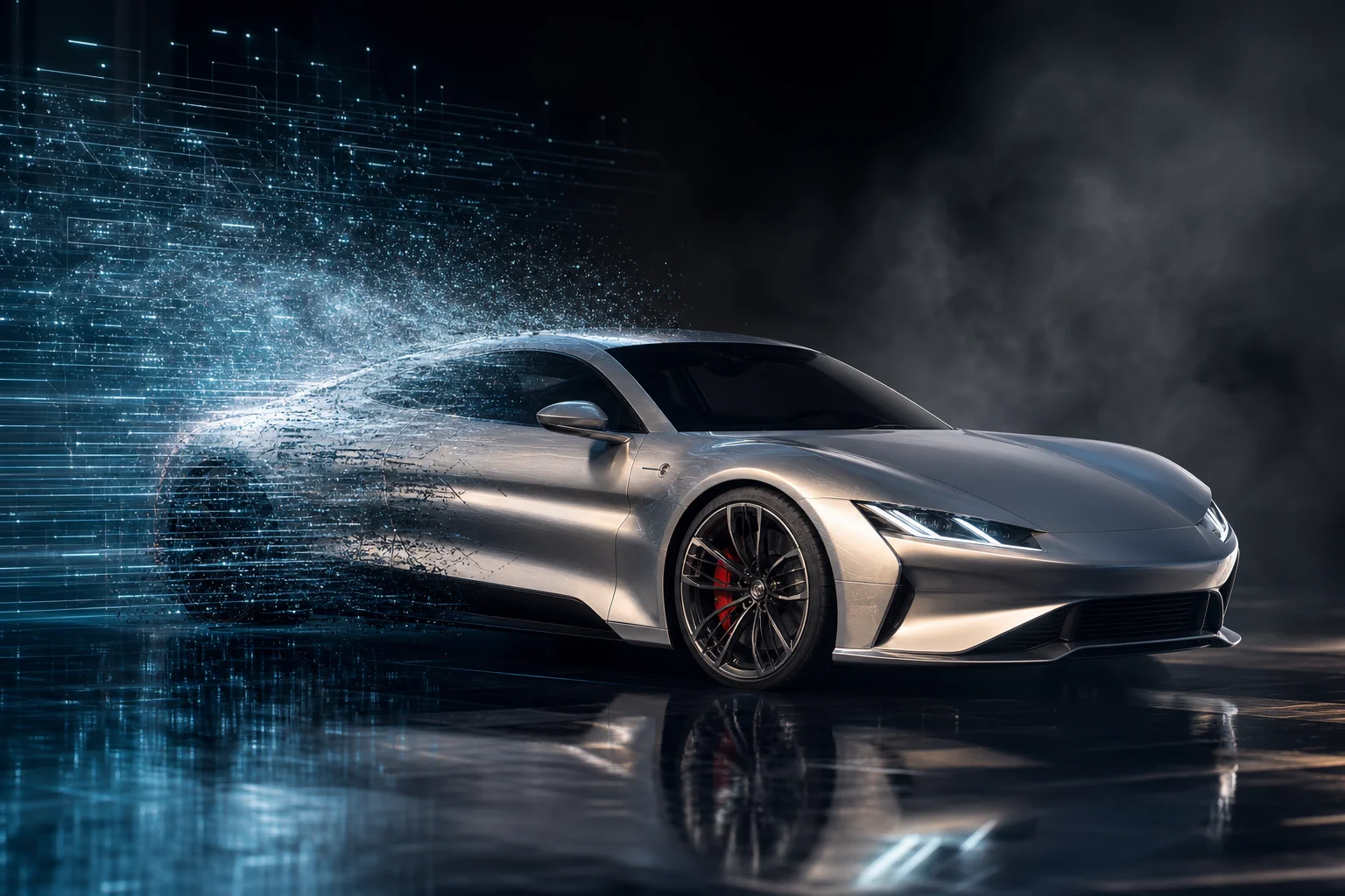 AI transforming a car photo with digital effects and light streams