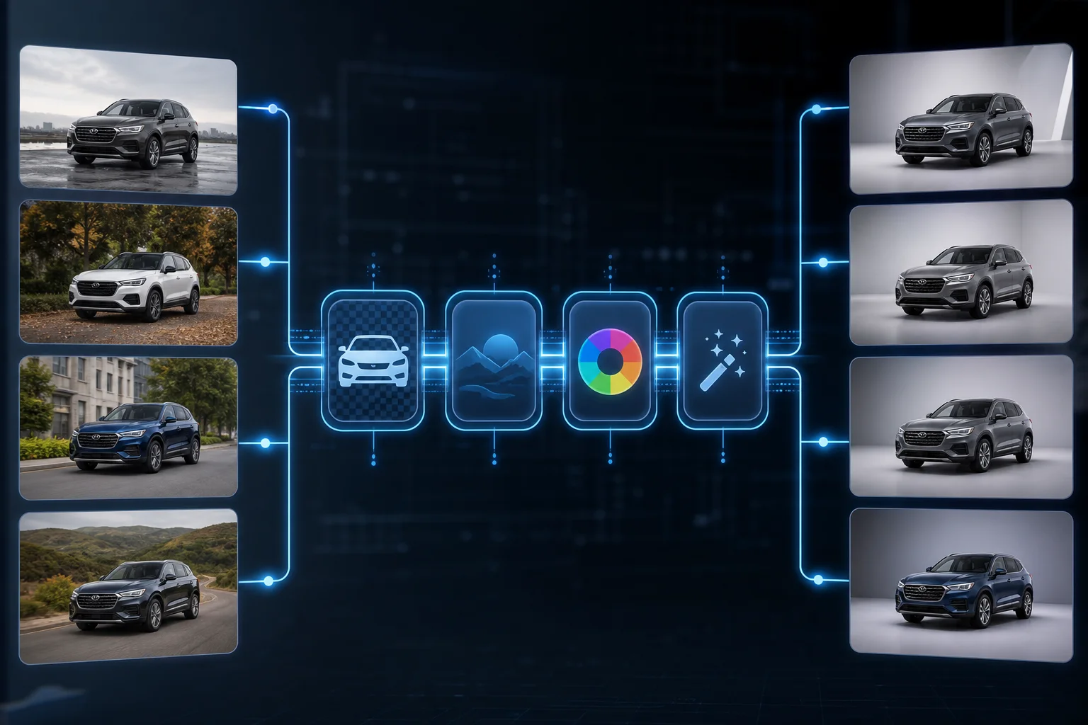 AI car photo editing workflow with automated processing stages