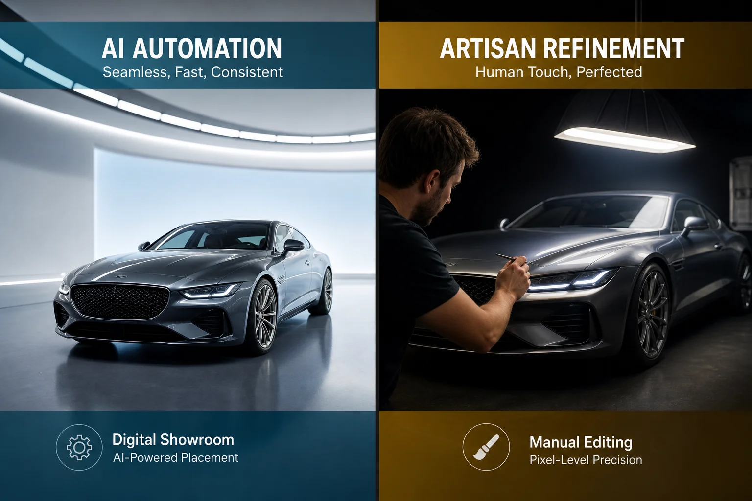 Comparison of AI-edited car photo vs. human-edited luxury car composite