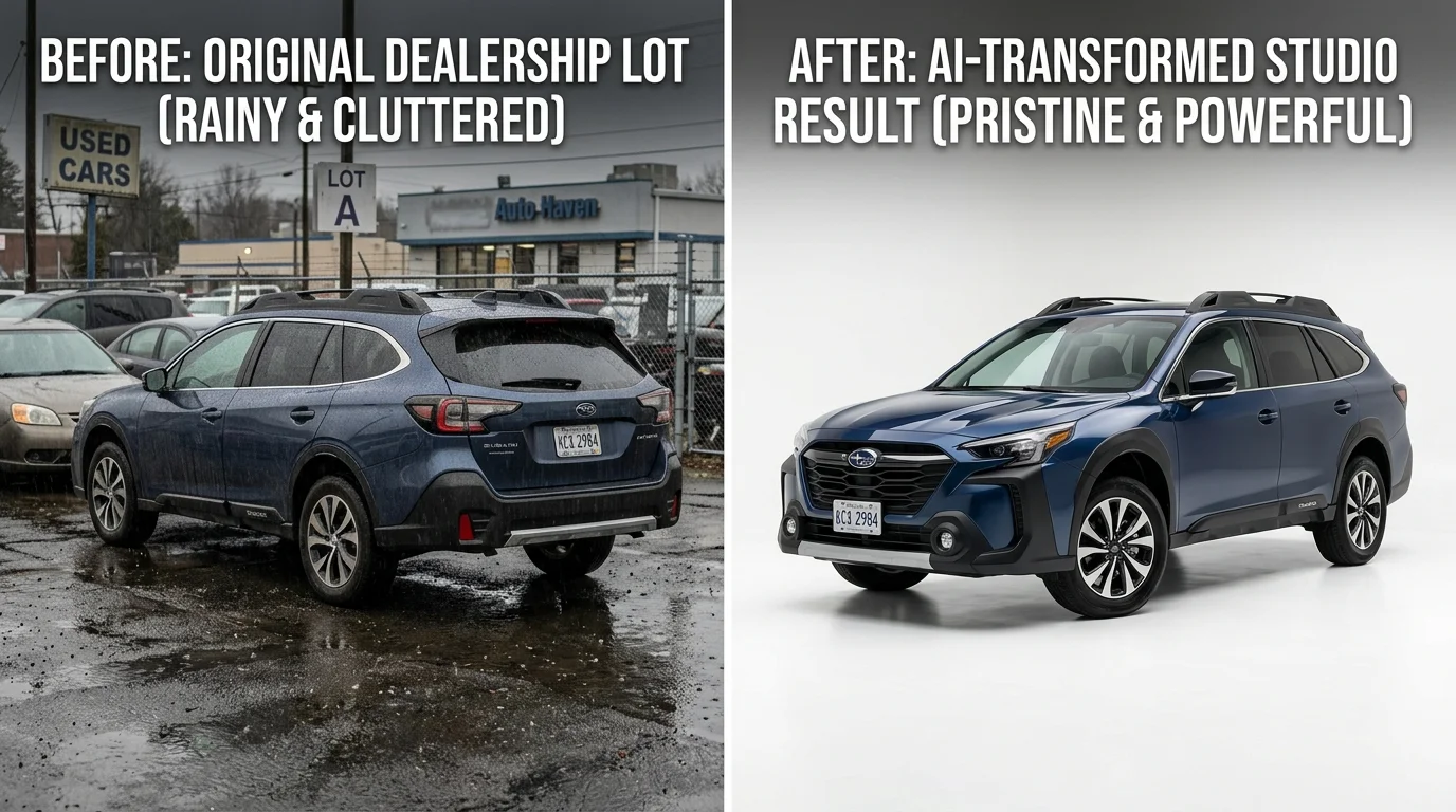 Before and after AI transformation of car photos showing dramatic visual improvement