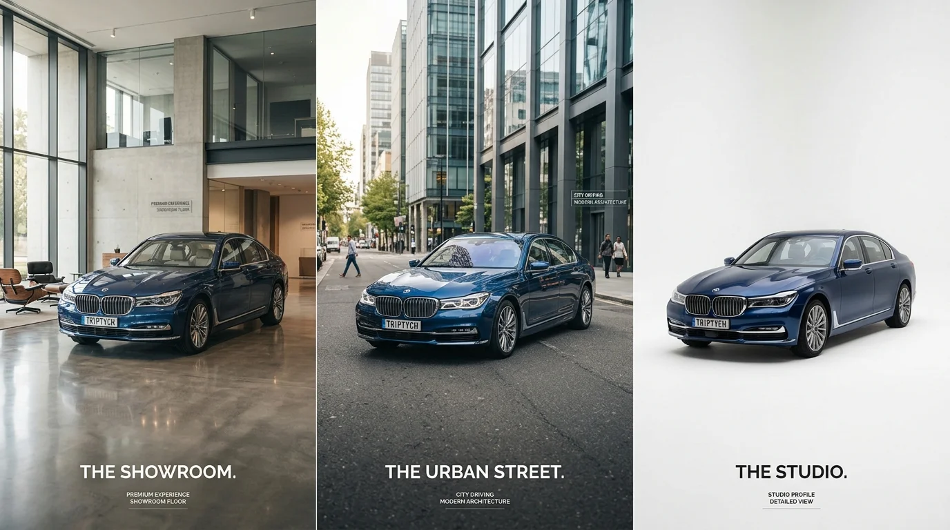 Same luxury vehicle displayed against three different professional backgrounds: showroom, urban, and white studio