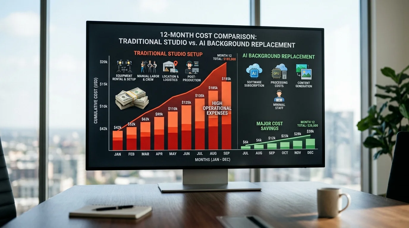 Cost comparison chart: traditional studio photography versus AI background replacement over 12 months