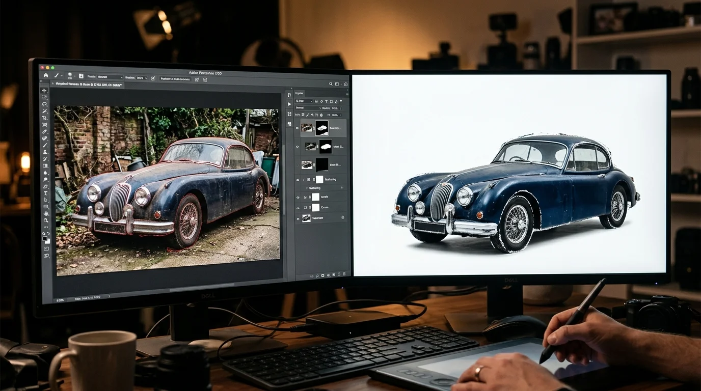 Photoshop workspace showing manual layer masking and background removal process for vehicle photography