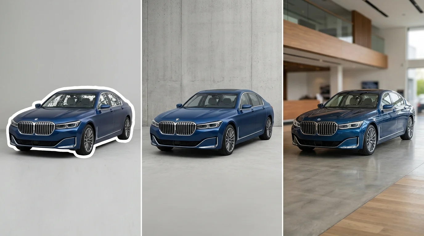 Comparison of background removal quality: generic tool versus specialized automotive AI solution