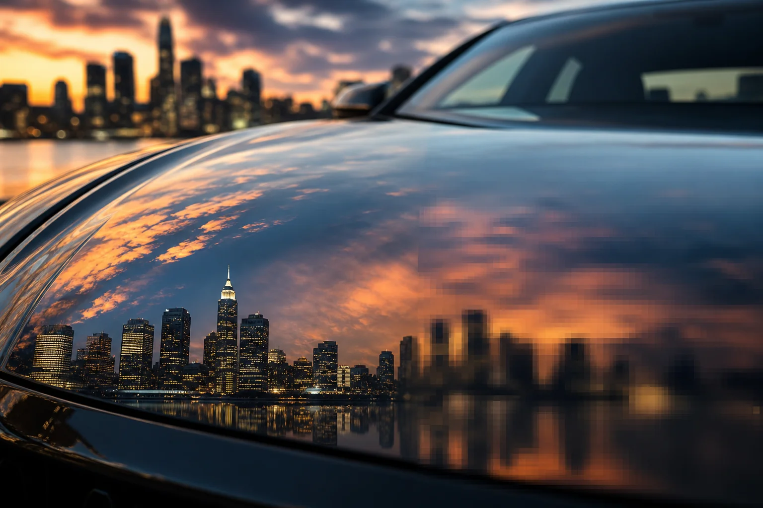 Split reflection on car hood showing high vs low resolution