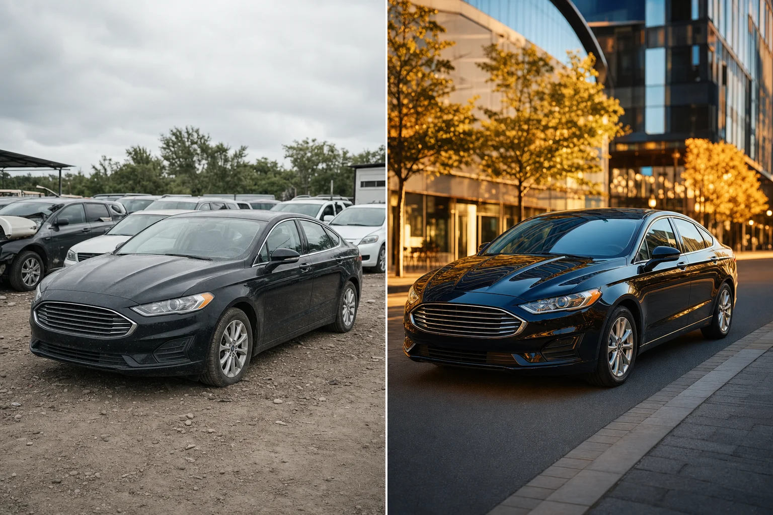 Before and after AI enhancement of car photo