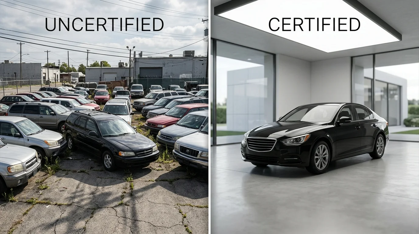 Before and after comparison of car photo showing cluttered lot versus professional showroom background