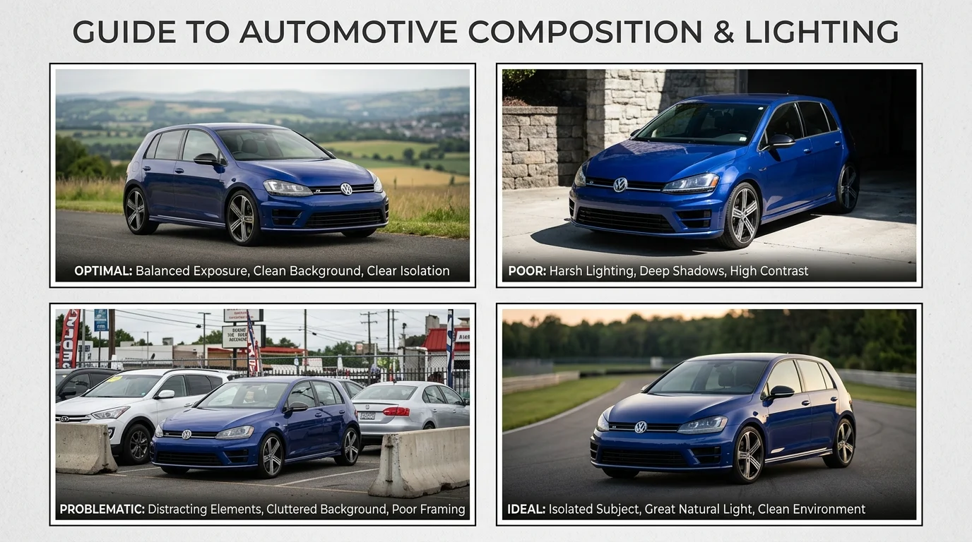 Four example car photos demonstrating optimal versus poor conditions for AI background removal processing