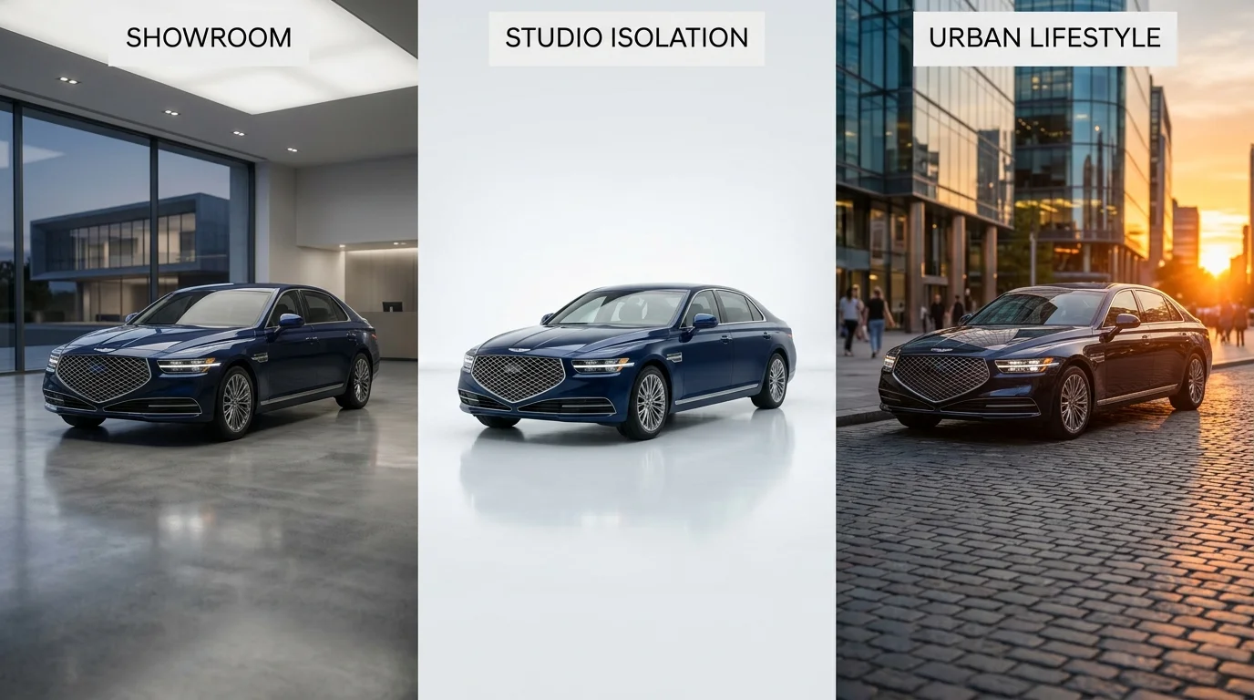 Single car photo displayed against three different professional backgrounds showing versatility of background removal technology