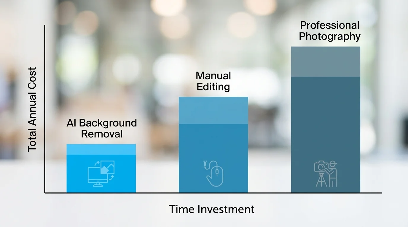 Cost and time comparison chart showing AI background removal as most efficient method versus manual editing and professional photography
