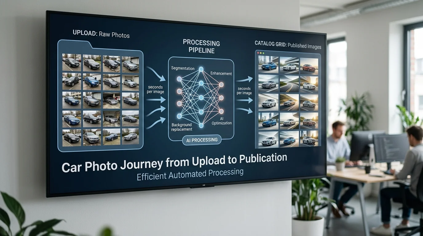 Visual workflow diagram showing batch processing of multiple car photos through AI background removal pipeline
