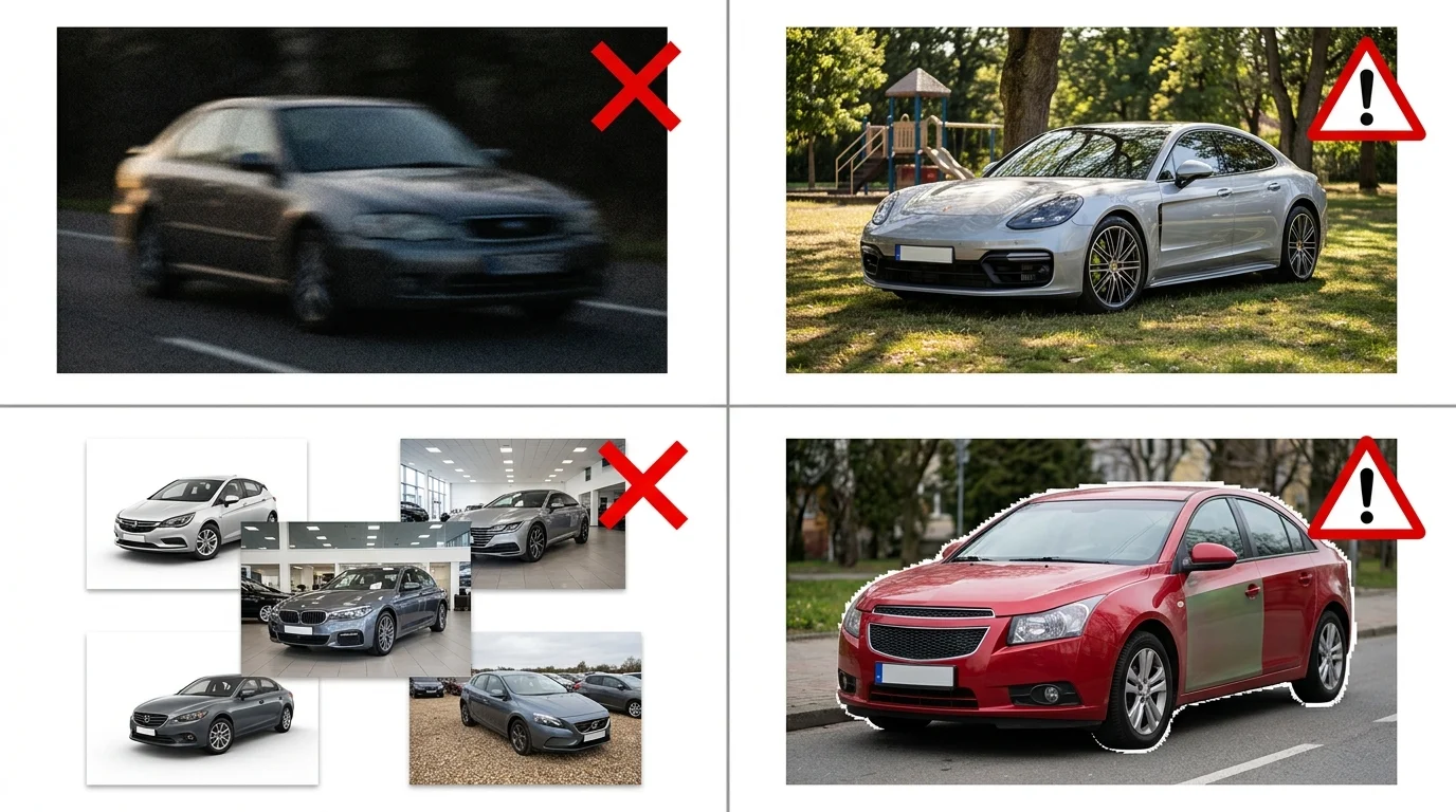 Four common mistakes in car photo background removal with visual examples of each error