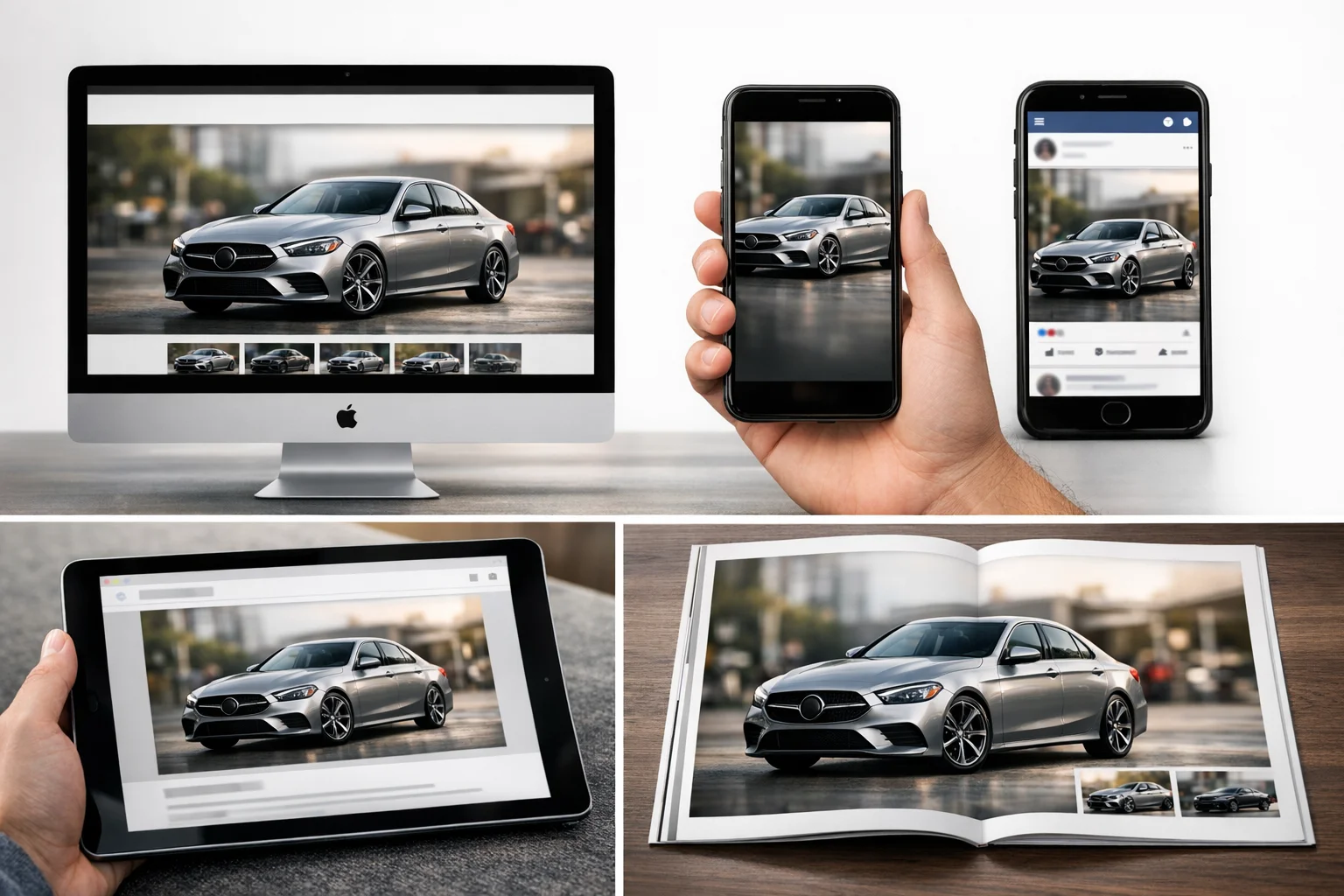 Same car photo with consistent professional background displayed across website, mobile, social media, email, and print platforms