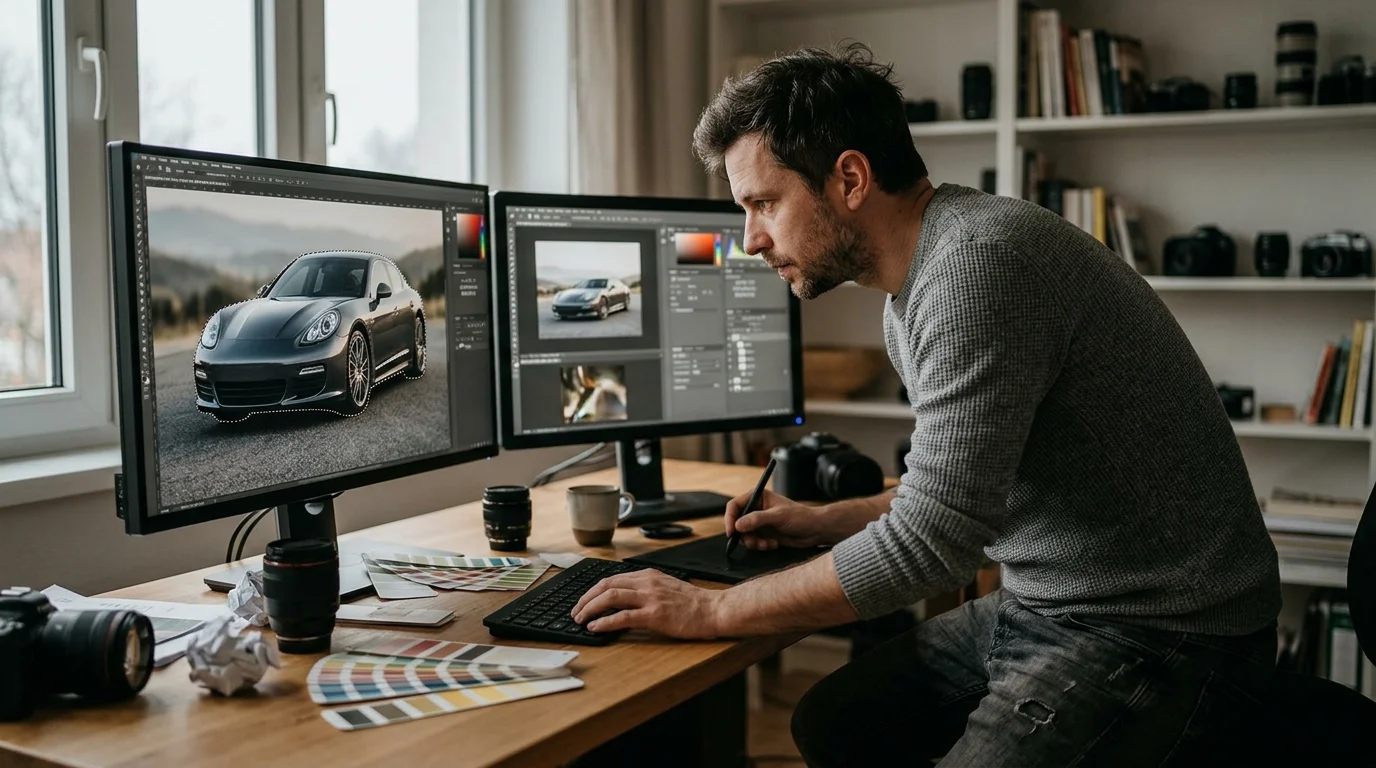 Photo editor using Photoshop to manually remove car background with selection tools
