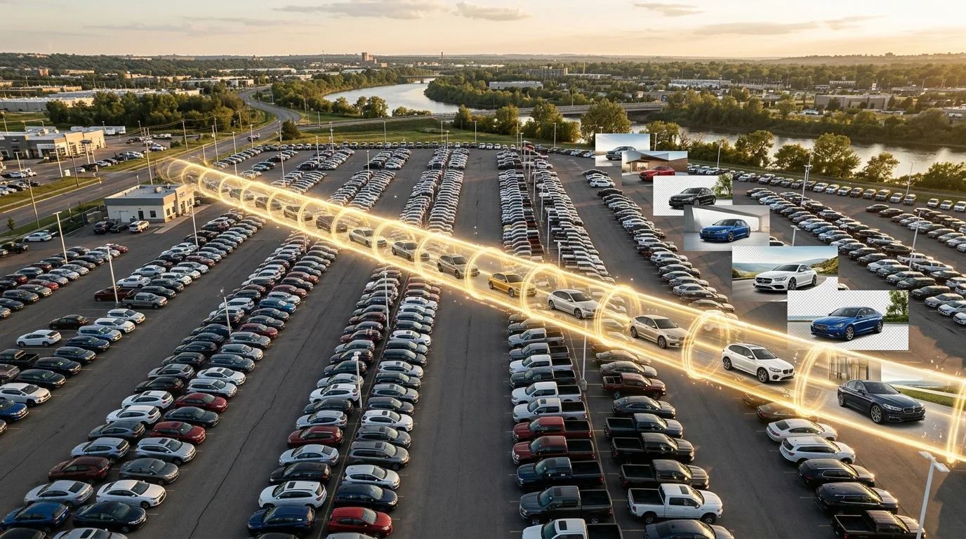 Dealership lot with automated batch processing workflow overlay