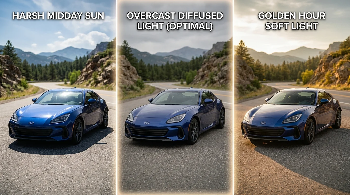 Comparison of different lighting conditions for car photography