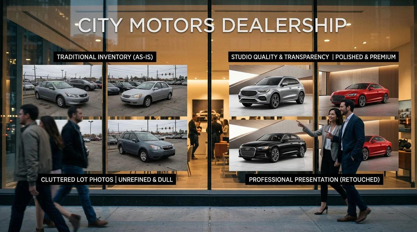 Dealership display comparing traditional vs. AI-enhanced car photo presentation