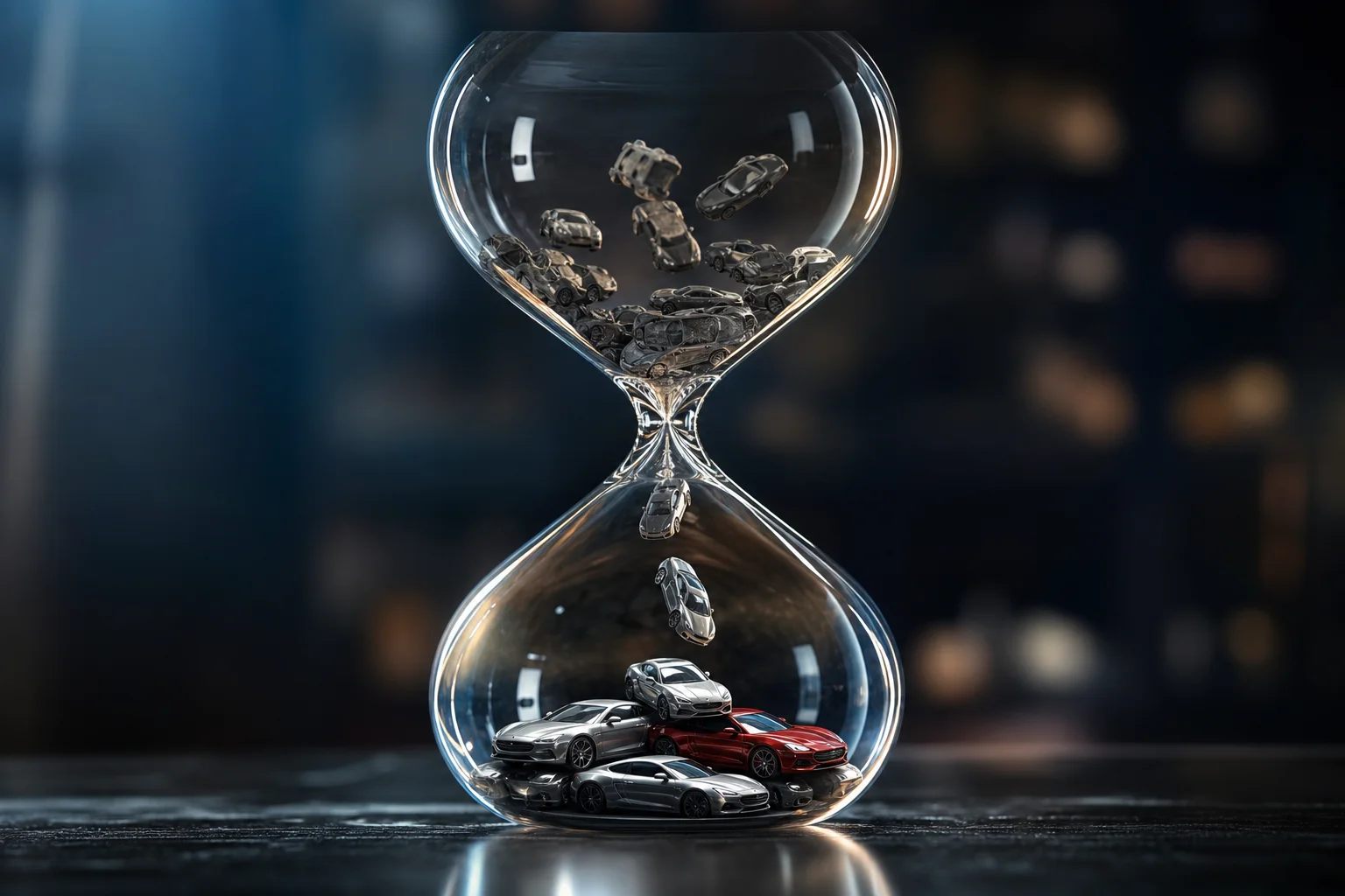 Macro shot of an hourglass where raw car photos transform into polished images as they fall, symbolizing speed.