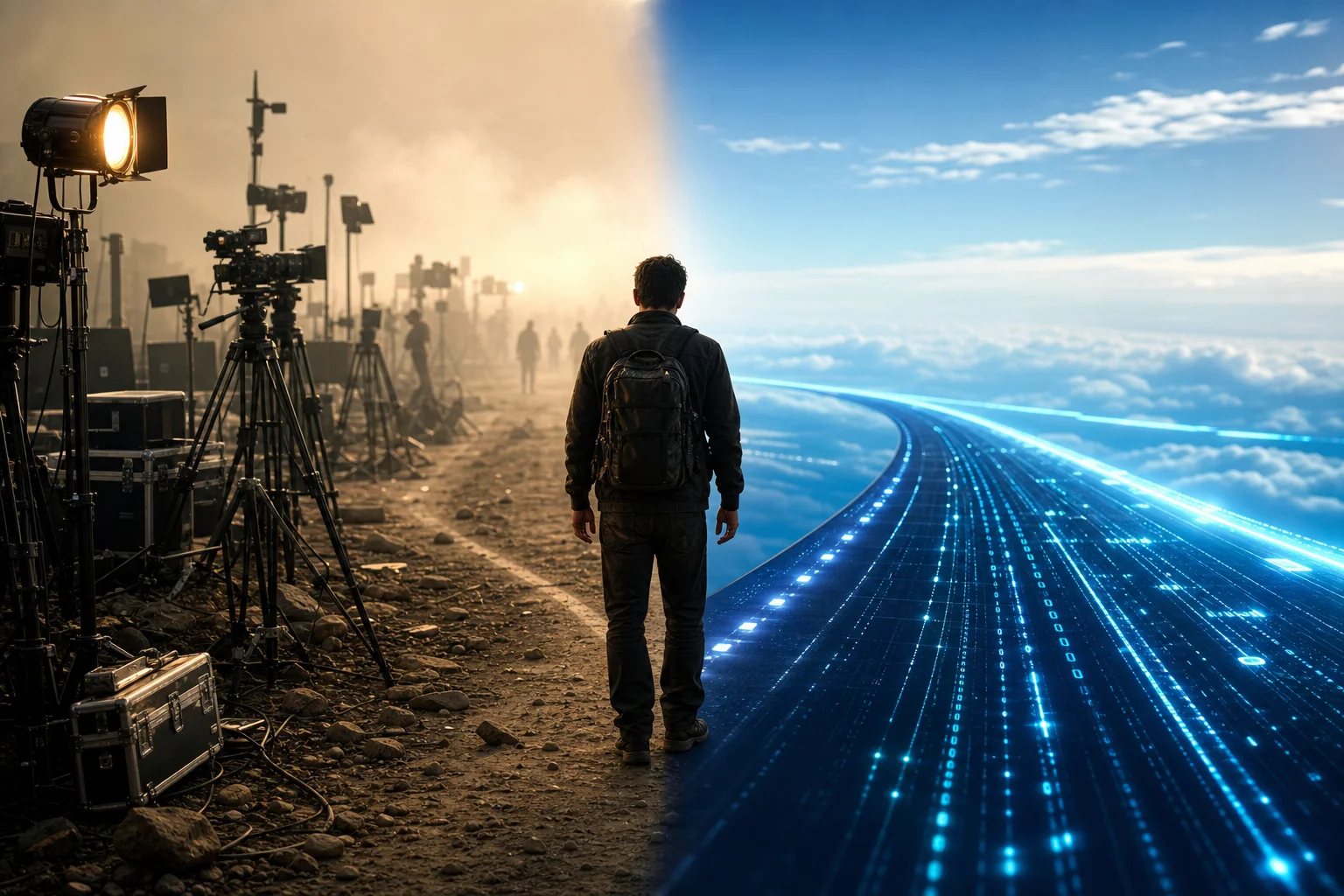 Split visual metaphor comparing the heavy logistics of traditional photography with the streamlined efficiency of AI solutions.