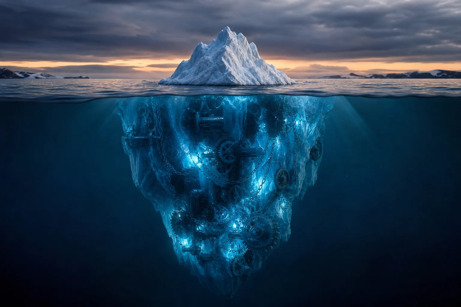An iceberg metaphor showing a small visible tip representing the quote and a massive submerged structure representing hidden costs.