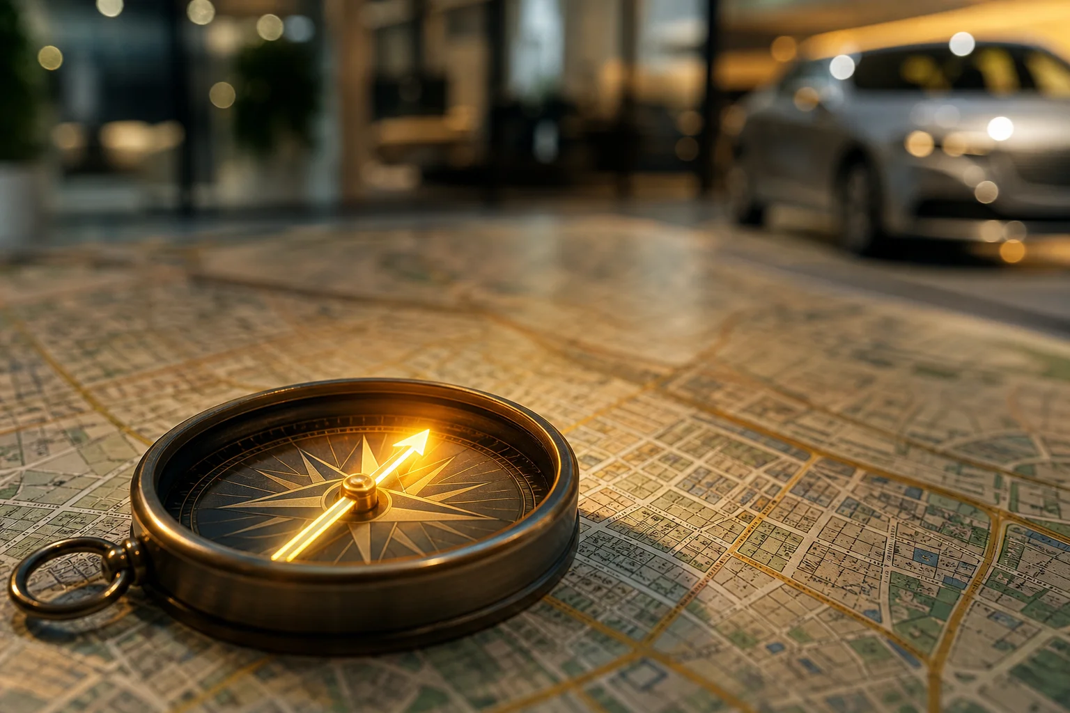 Close-up of a compass with a glowing needle pointing forward on a map, symbolizing strategic direction.