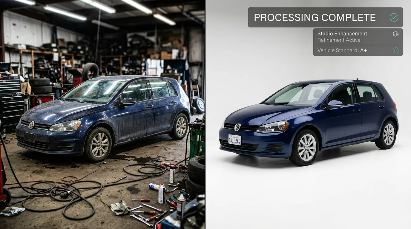 Split image showing transformation from cluttered outdoor car photo with glare to clean, studio-quality AI-edited version
