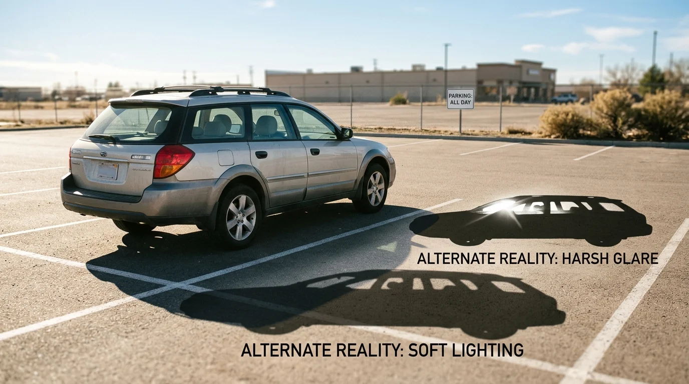 Conceptual photo showing two versions of the same car: one with glare, one without, illustrating the impact of lighting and angle