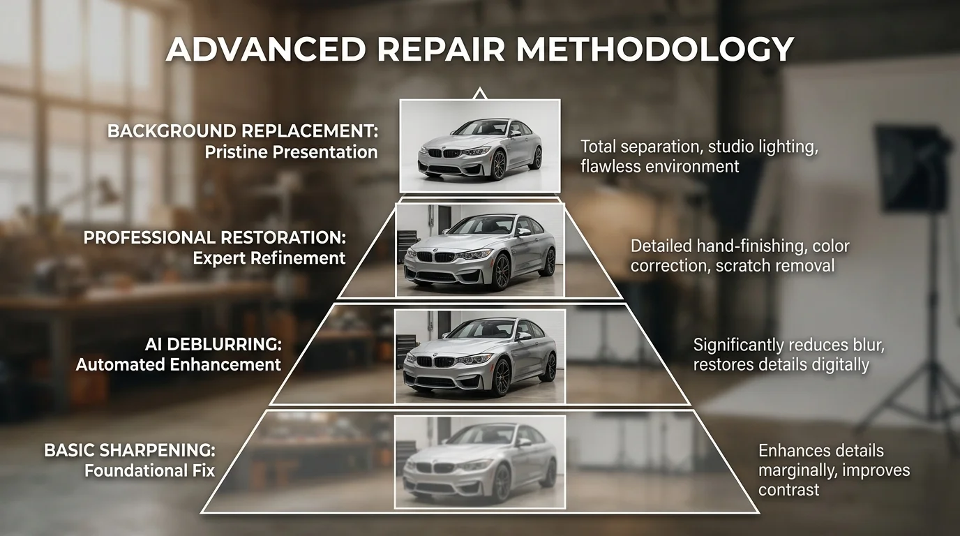 Four methods to repair blurred car photos arranged by cost, speed, and quality outcome