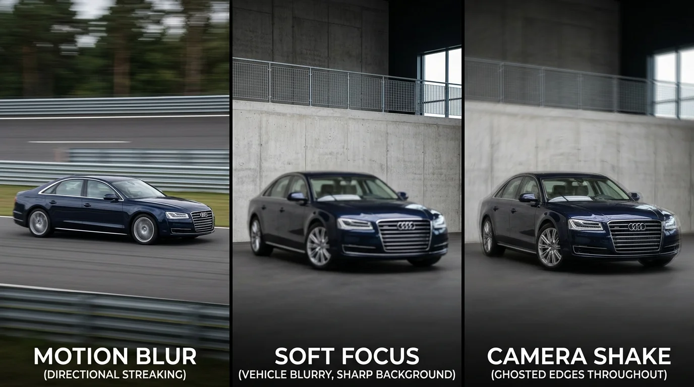 Three types of photographic blur: motion blur, focus failure, and camera shake compared side by side