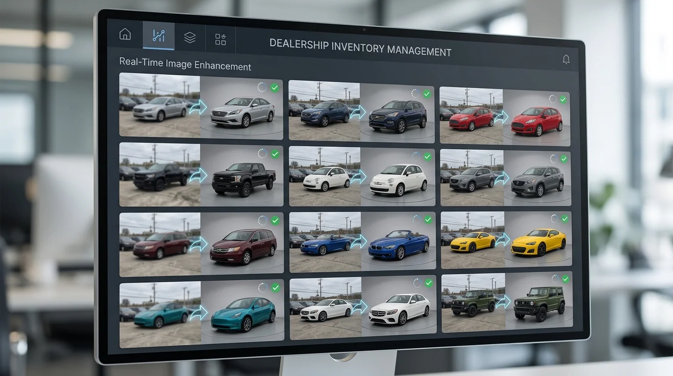 Batch processing workflow transforming blurry lot photos into professional listings automatically