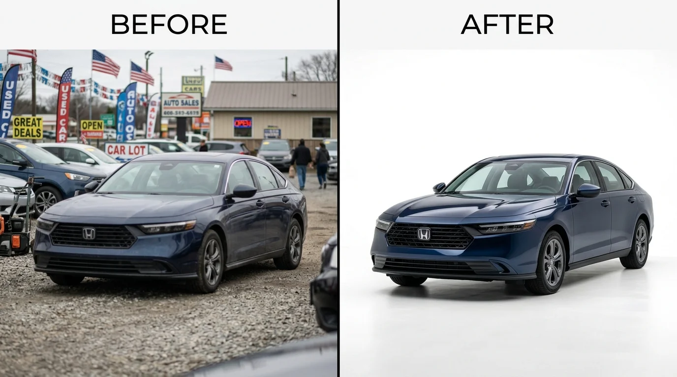 Blurry lot photo transformed into professional studio-quality listing through background replacement
