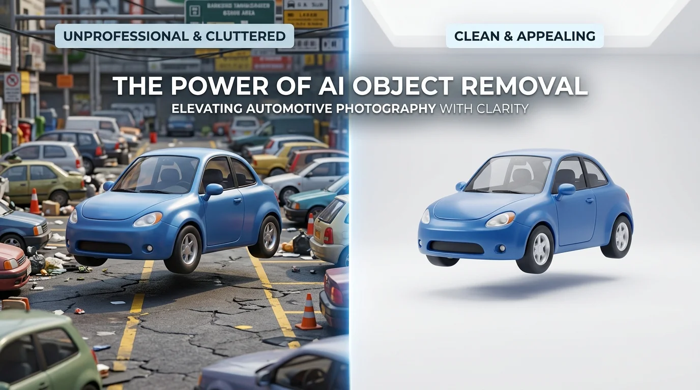 3D cartoon split image showing a car in a cluttered lot vs. a clean studio, illustrating the impact of object removal