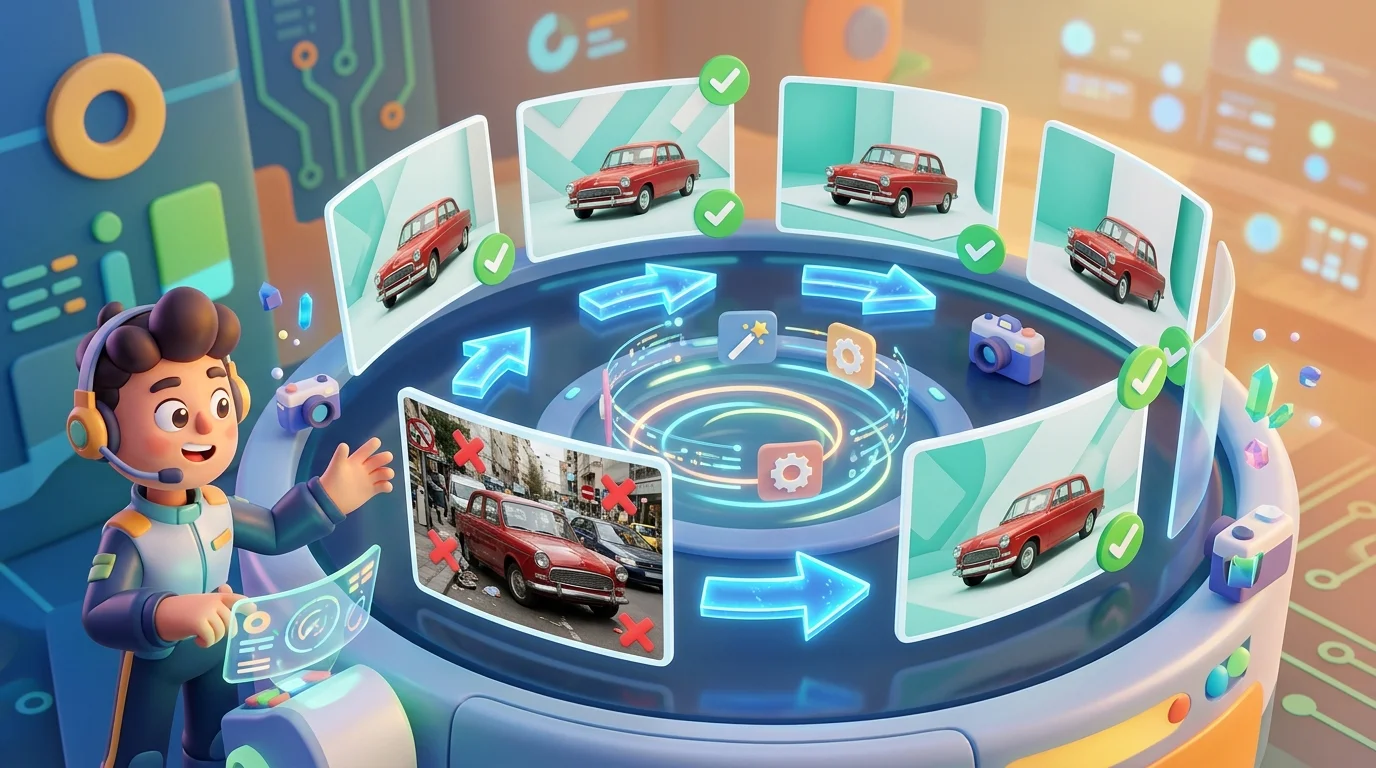 3D cartoon dashboard showing before-and-after transformation of multiple car photos through batch editing