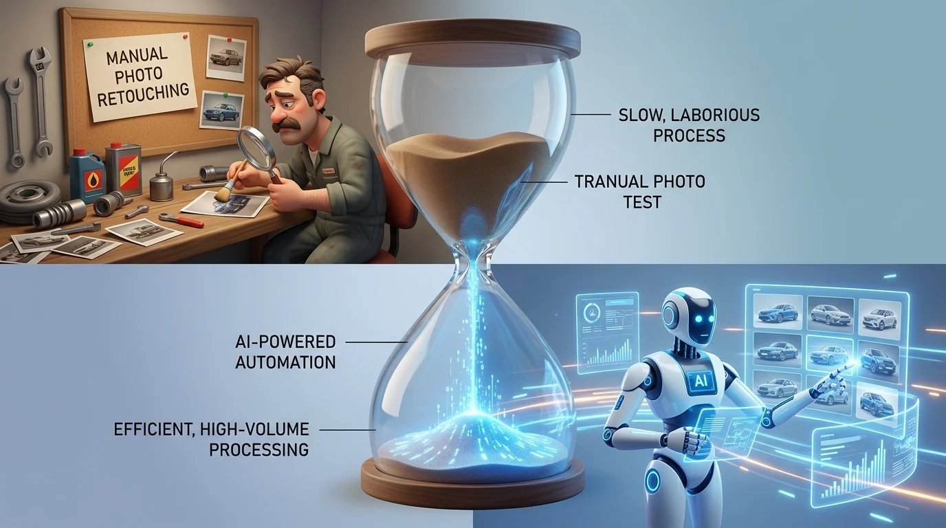 3D cartoon hourglass comparing slow manual photo editing vs. fast AI-powered batch processing