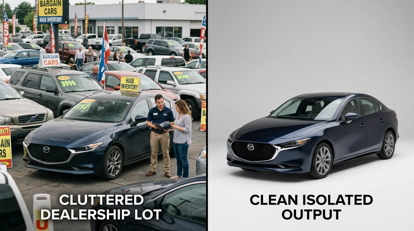 Before-and-after comparison of a car photo with people versus a clean, person-free studio-style image