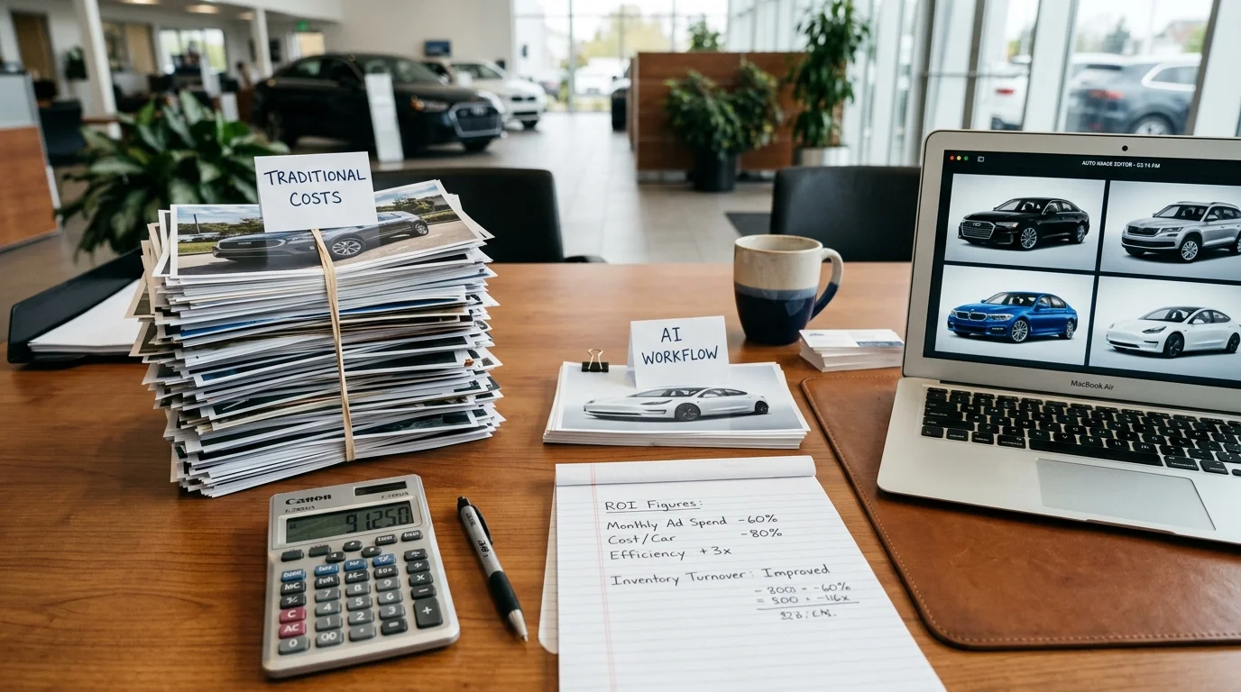 Desk scene comparing large stack of traditional car photo costs with a smaller AI workflow stack