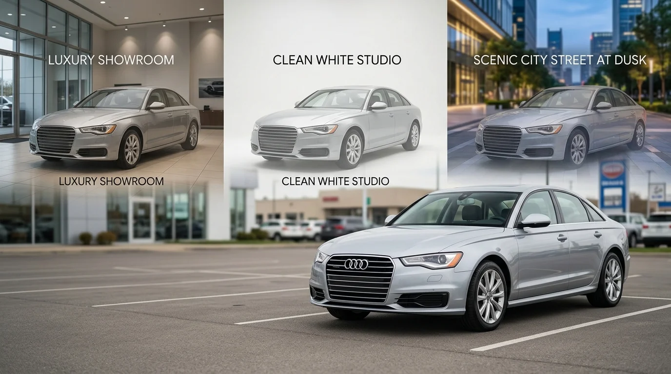 Car shown with multiple possible professional backgrounds replacing a basic lot photo