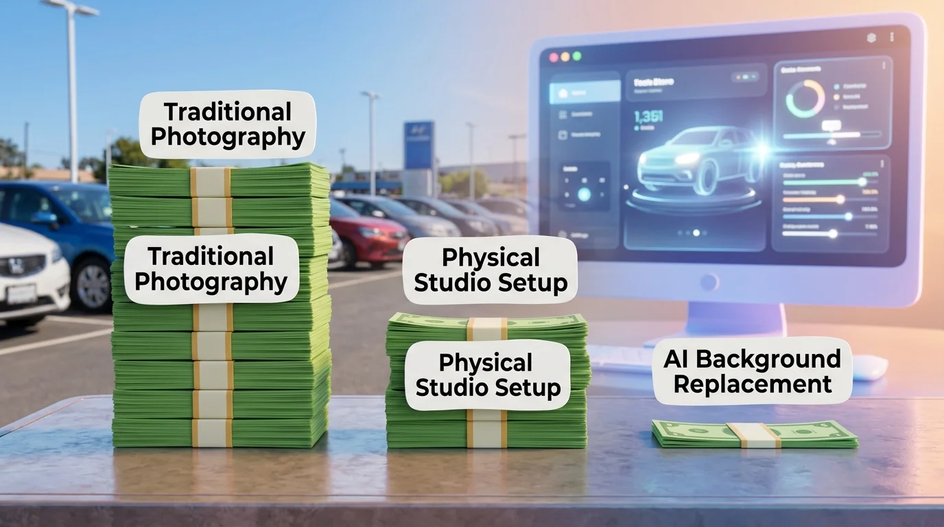 Cost comparison visualization showing the dramatic reduction in per-vehicle expenses when using AI background replacement versus traditional photography methods.