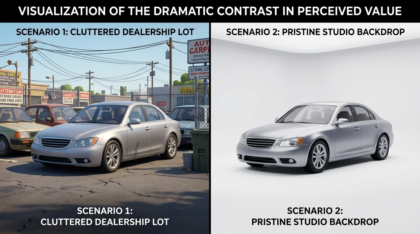 Side-by-side comparison of a luxury sedan against a cluttered lot background versus a professional white studio background, demonstrating the visual transformation from AI background replacement.