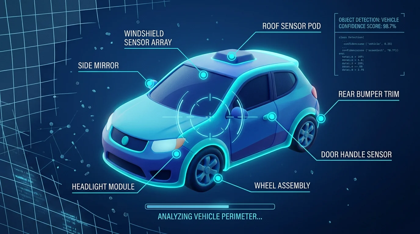 Technical visualization of AI edge detection and background removal process, showing how the algorithm identifies vehicle boundaries and separates the car from its surroundings.