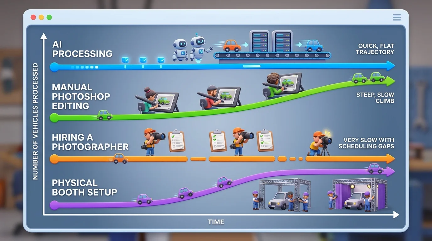 Timeline comparison of four different car photo background replacement methods, visualizing speed and scalability differences across production volumes.