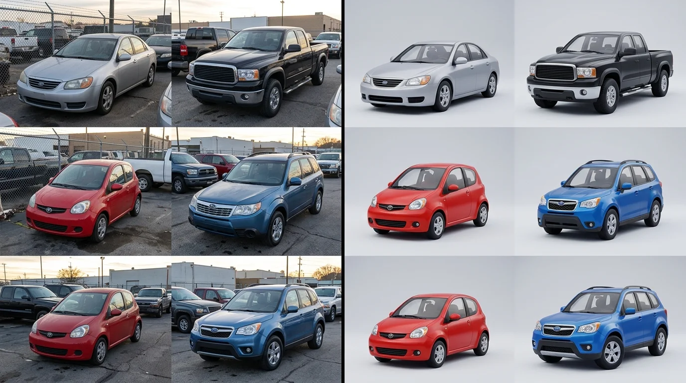 Before-and-after comparison of a dealership's online inventory, showing the dramatic improvement in visual consistency and professionalism after implementing AI background replacement across all vehicle listings.