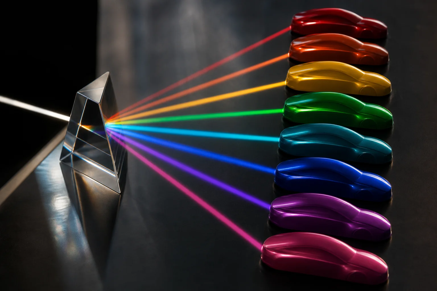 Prism refracting light into a spectrum of car paint colors.