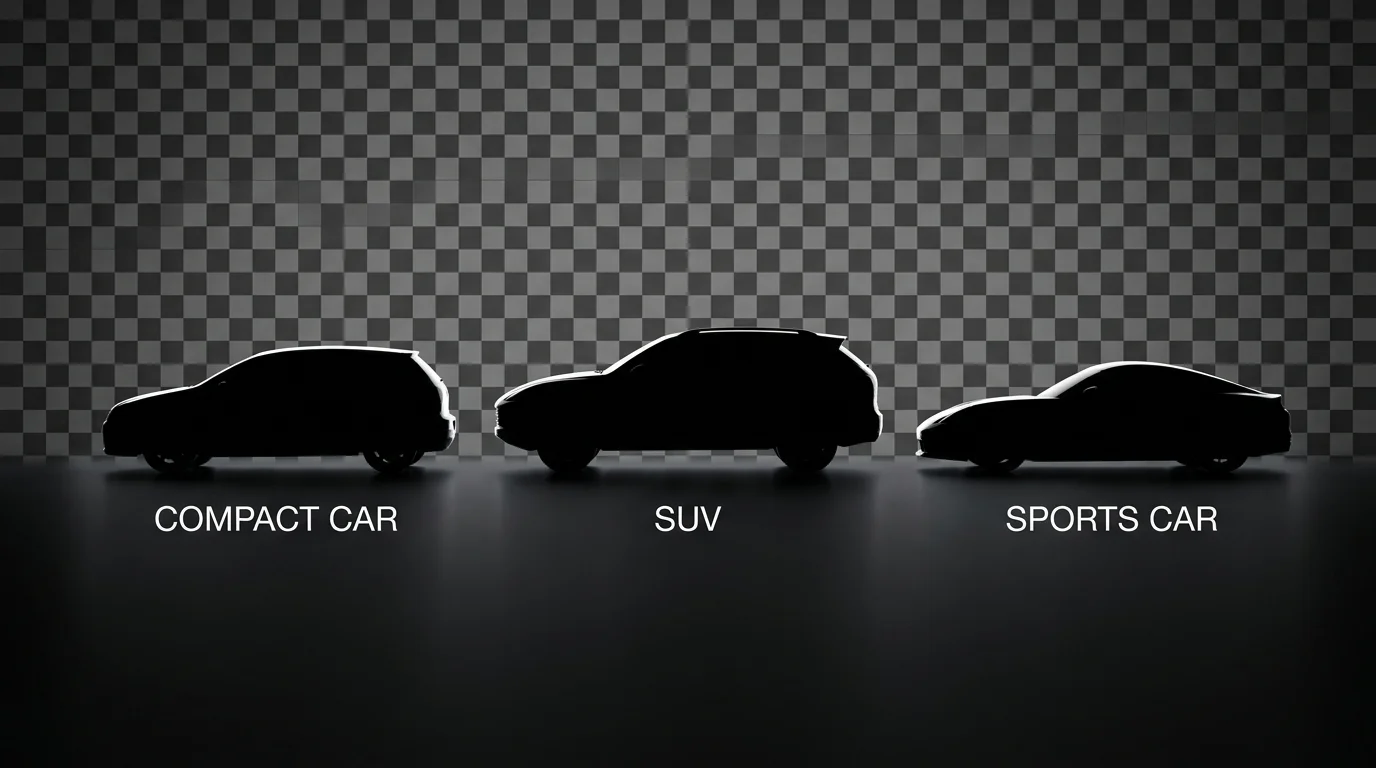 Row of car silhouettes on transparent background for marketing design