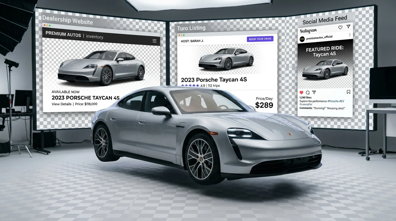 Car photo with transparent background placed on multiple digital layouts